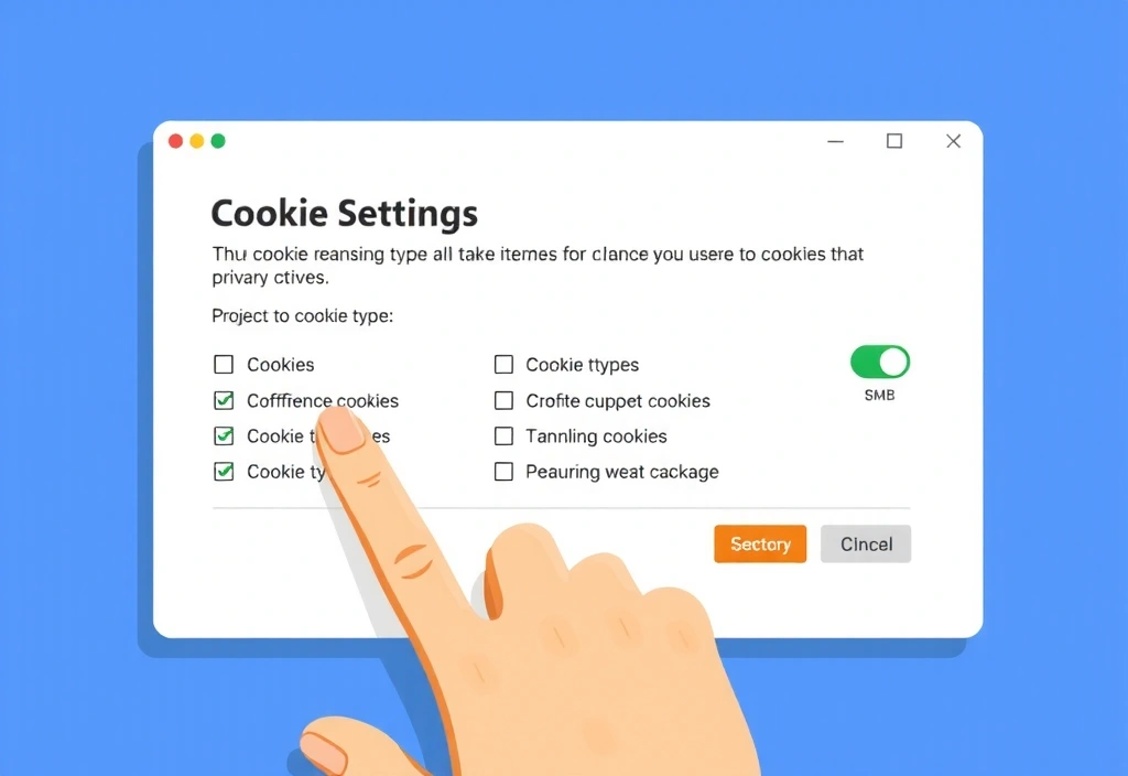 Illustration einer Hand, die auf ein Cookie-Einstellungsfenster auf einem Computerbildschirm klickt.