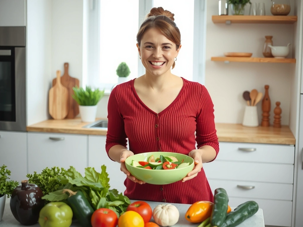 Eine Frau lächelt, während sie einen gesunden Salat zubereitet, symbolisiert gesunde Ernährung und Wohlbefinden.
